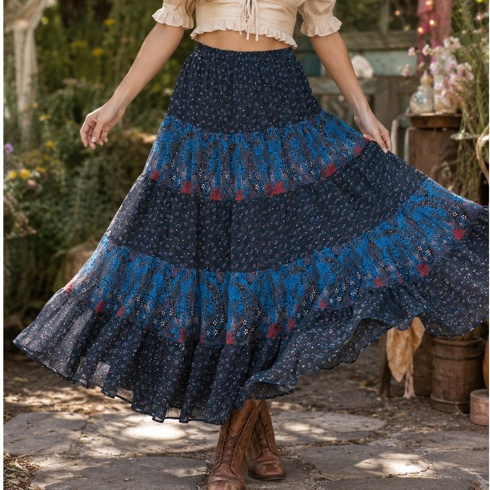 Solitaire Tiered Maxi Skirt Womens Medium Boho Fairycore Festival Y2K Vintage
